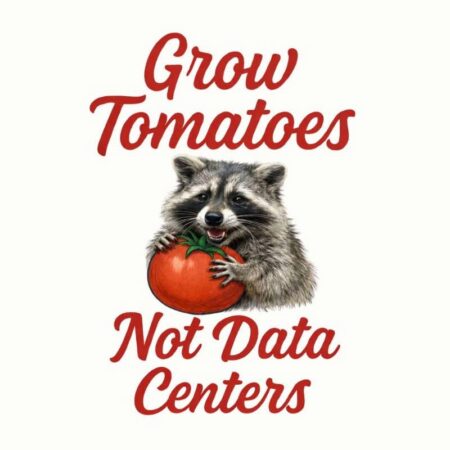 Hanover Data Center opposition sign featuring raccoon holding tomato and "Grow Tomatoes Not Data Centers"