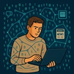 An ilustration for the Henrico Data Centers: What's Next story that portrays a man using the internet and trying to navigate fake news.