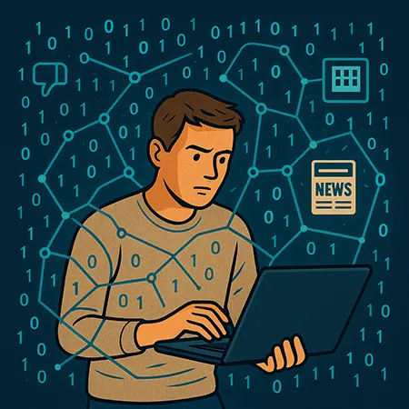 An ilustration for the Henrico Data Centers: What's Next story that portrays a man using the internet and trying to navigate fake news.